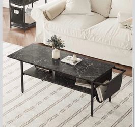 New Coffee Table Living Room Table for Sofa and Bed, Slim Coffee Table with Fabric Storage Bag for Small Spaces and Two Level Open Shelf for Living Ro