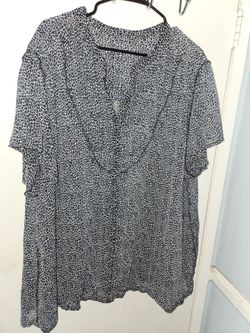 Blue & Black Animal Print Sheer Flutter Sleeve Blouse (Plus Size