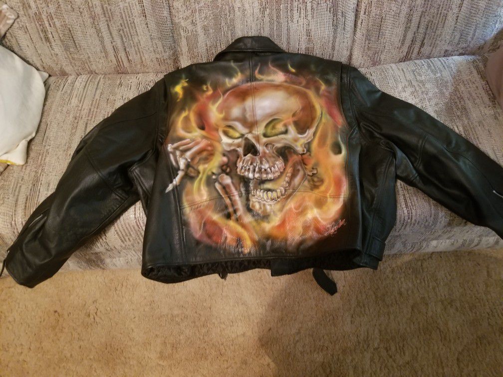 Leather biker Jacket Flaming Skull On Back