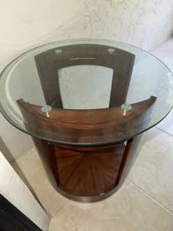 Art deco style round glass top side table with wood base