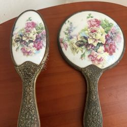 Vintage Antique Victorian Floral Decorated Hand Painted Brush & Mirror