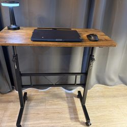 Small Standing Desk Adjustable Height, Mobile Table with Wheels, Portable Laptop Table, Brown New