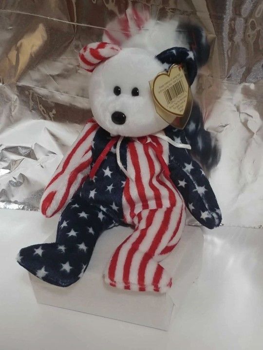 Spangle the Bear, white face TY Beanie Baby, Independence Day/4th of July, 1999