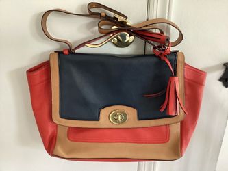 COACH Leather Satchel Shoulder Bag  Crossbody Handbag Navy Coral Tan List $498 Preowned