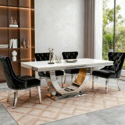 5PC Marble top Stainless Steel Dining Table with Bucket chairs Gold Or Silver color
