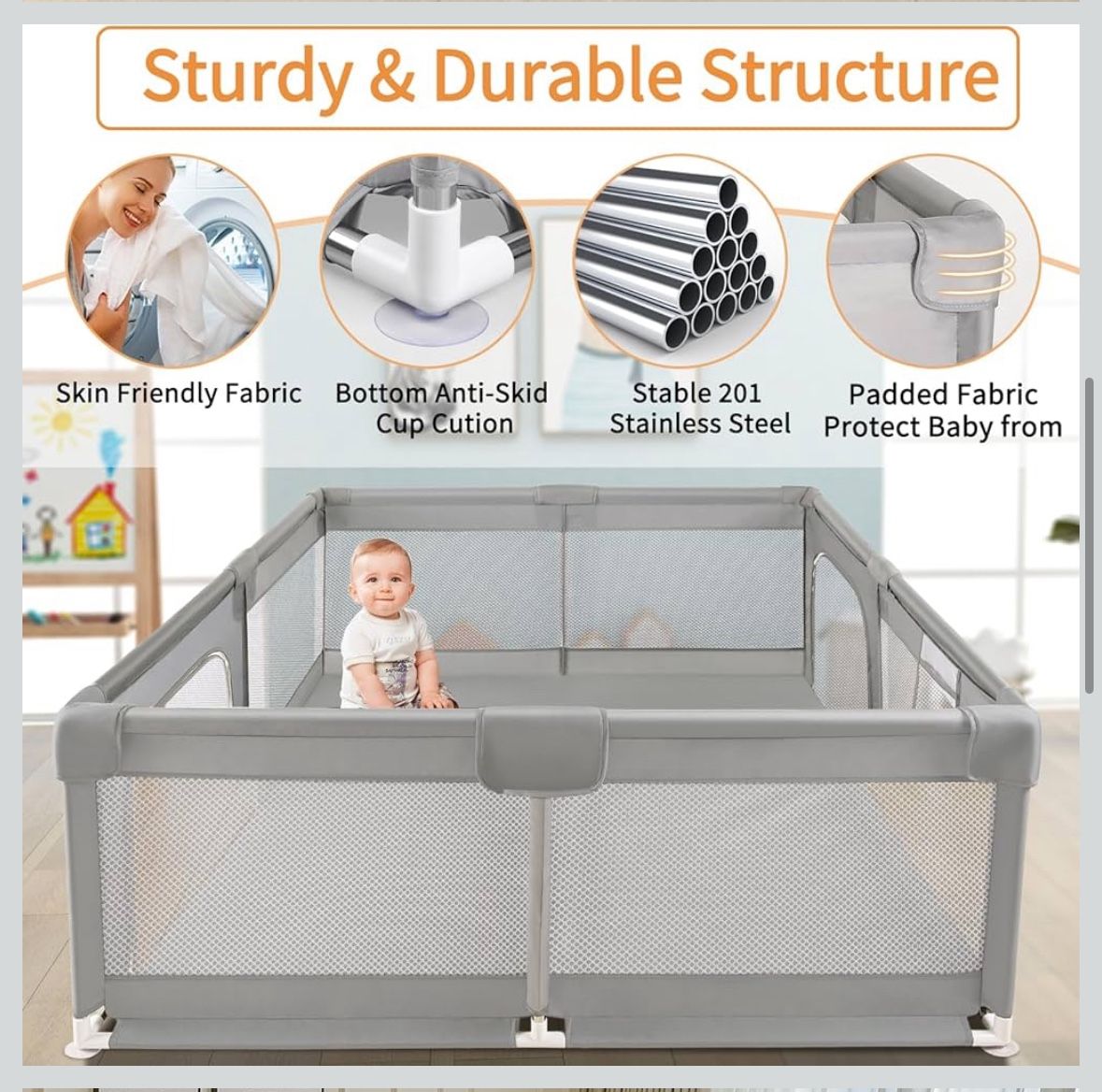 79” x 71” extra large baby playpen (grey)