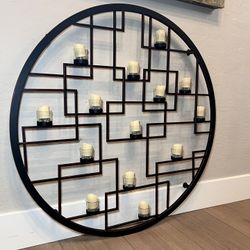 36” Round Modern Heavy Metal 14 LED Tea Light Candle Holder Wall Decor- w/ Remote
