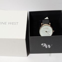 Nine West Women's Black Leather Strap Watch with Mother of Pearl Dial in Box

