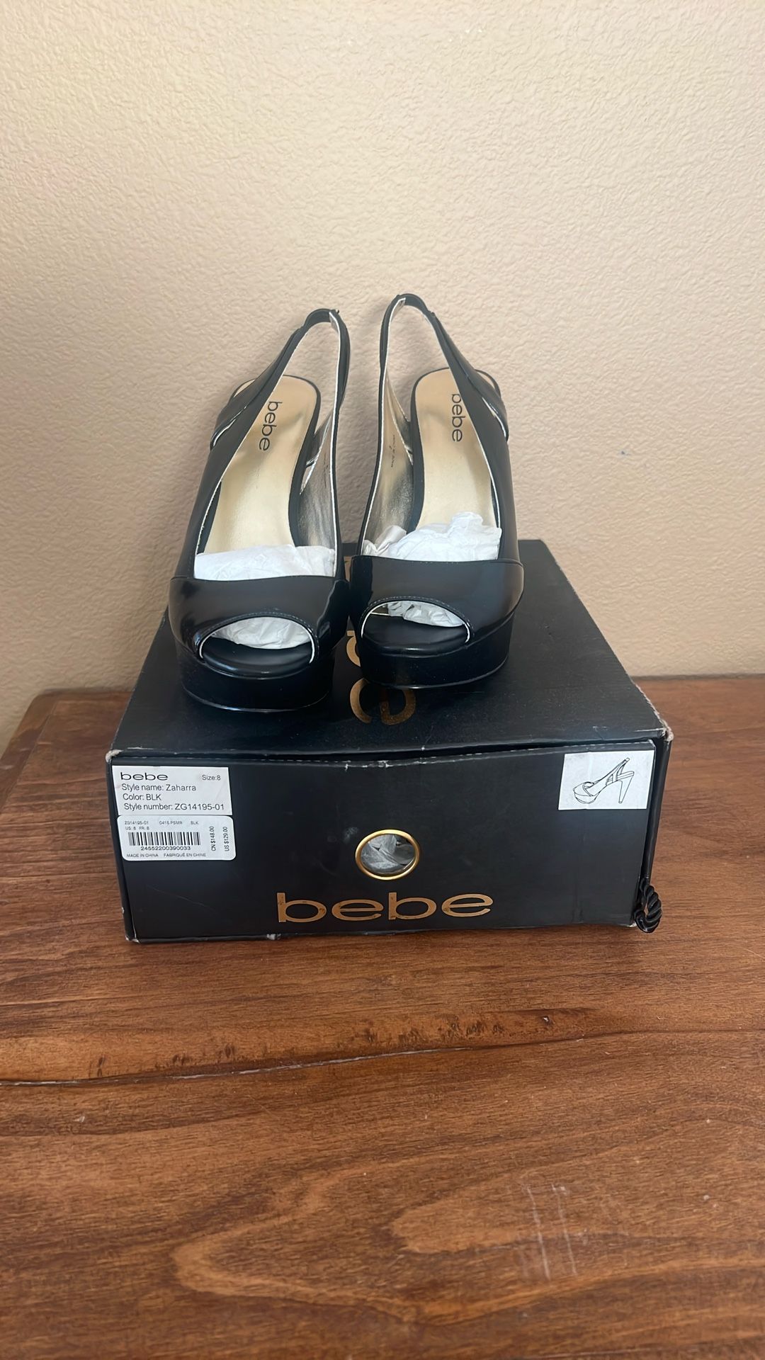 Brand New Women Bebe High heels Black Leather Size 8