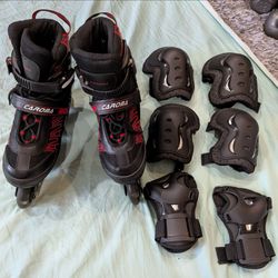 Caroma brand inline skates, black knee pads, elbow pads, wrist guard.