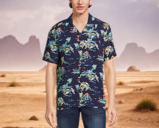 Star Wars Men’s Navy Baby Yoda Tropic Graphic Button Up Shirt Sz L