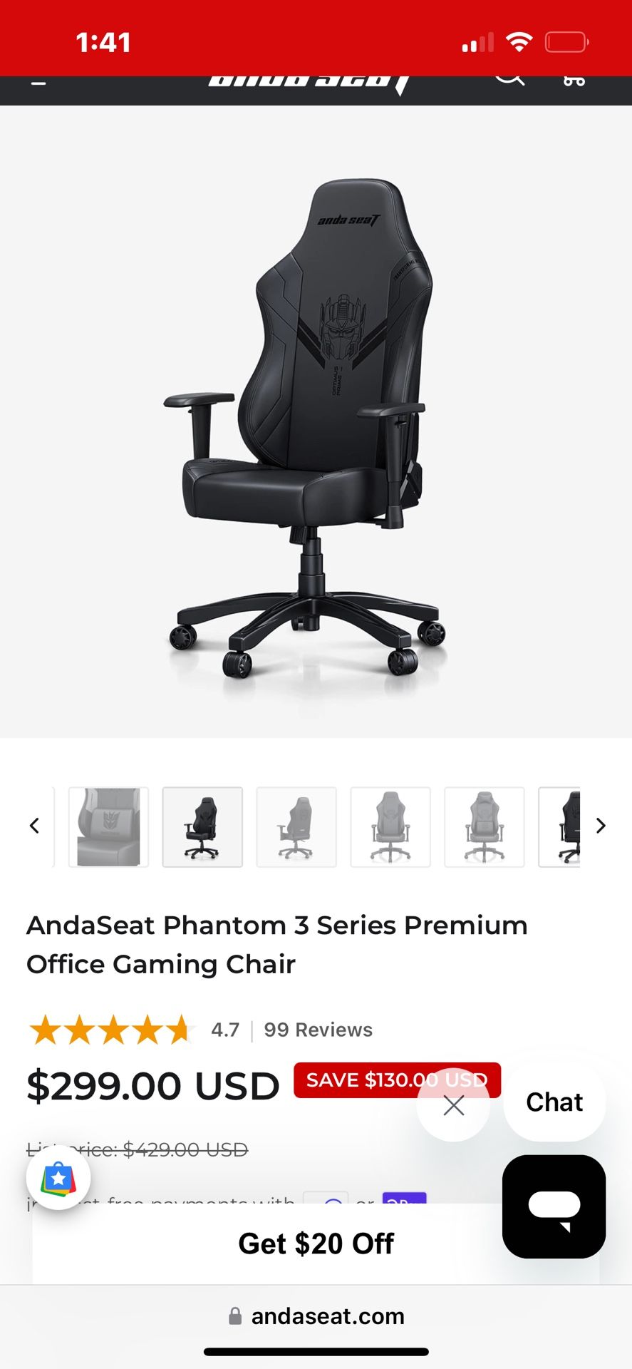 Andaseat Phantom Series 3 Gaming Chair Optimus Prime 
