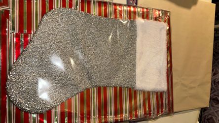 Silver Glitter Christmas Stocking with White Cuff