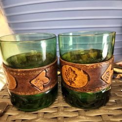 Set Of 2 Green Glasses With Leather Strap