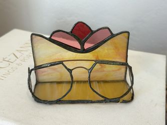 Vintage Tiffany Stain Glass Style Metal Glass, Glasses Card Holder, Mid-Century, Modern Unique Artisan Collectible