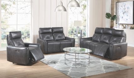 Brand New 2 Piece Charcoal Leather Power Reclining Sofa and Love Seat