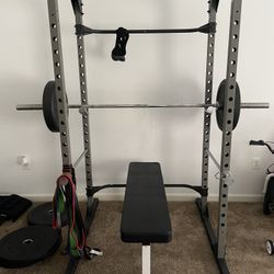 Weight Rack, Bench And Rogue Plates