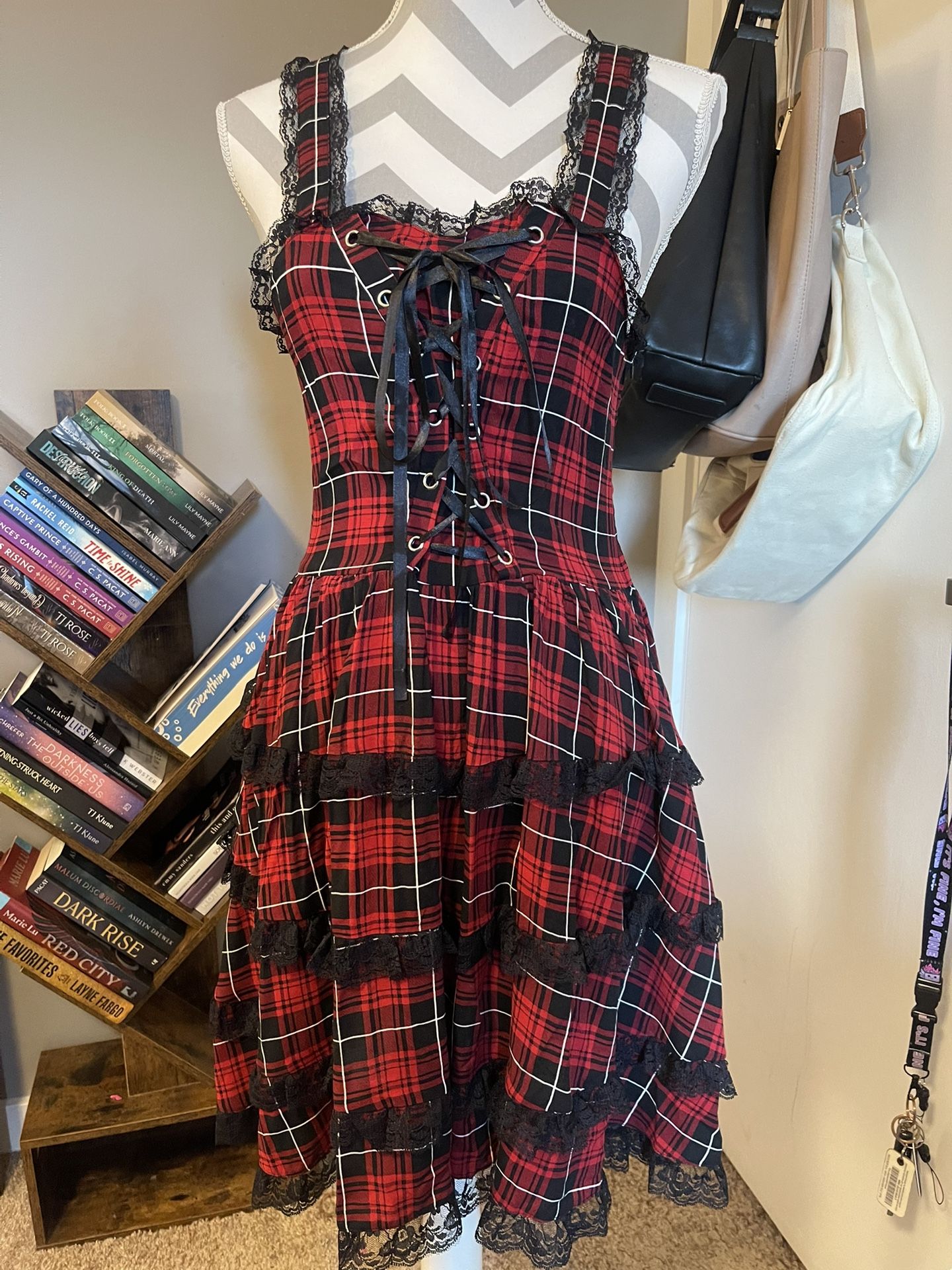 Red and Black Lace-Up Plaid Dress