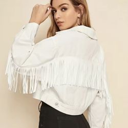 White Fringe Jean Jacket Long Sleeve 