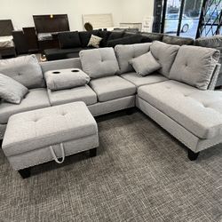 Grey Sofa Sectional W/cupholders And Free Ottoman 