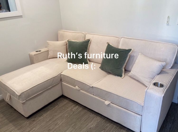 Gorgeous Beige 2-Pc Sectional Sofa With Pullout Bed & Storage
