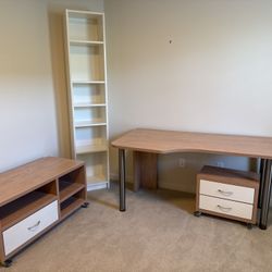 Desk, TV Stand On Wheels, Drawers Set And Bookshelves