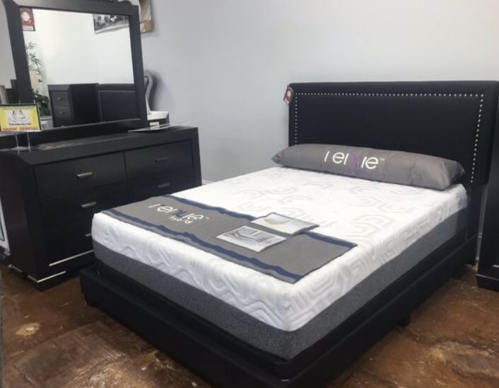 Black Queen Bed Frame with Dresser and Mirror!! Brand New