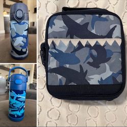 Pottery Barn Kids Boys Shark lunch box and 2 water bottles SET insulated