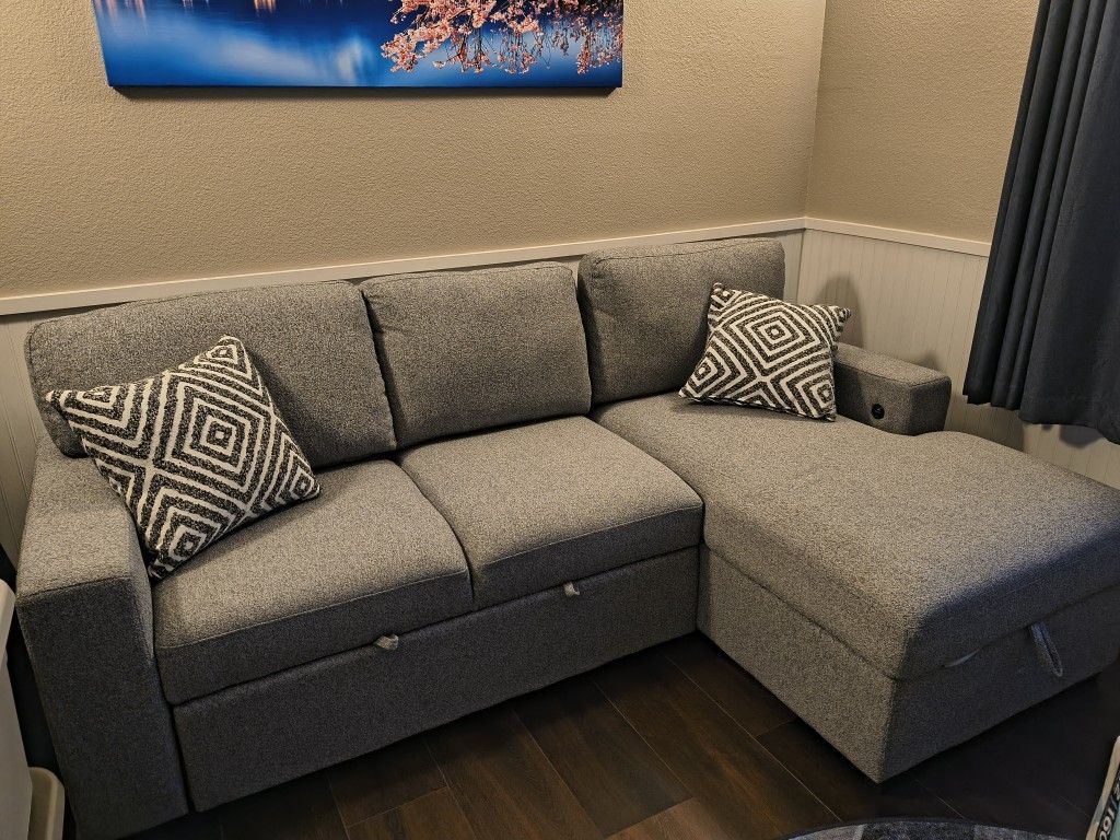 Gray Loveseat With chaise Lounge (Converts To Full Size Bed)