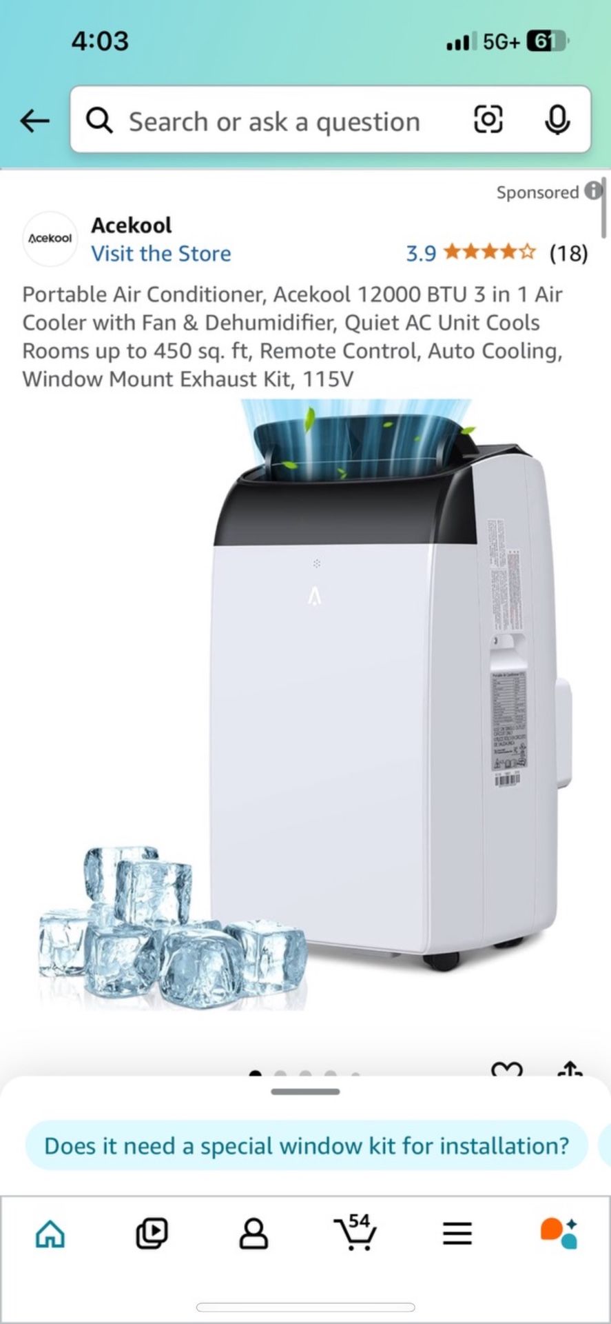 Portable Air Conditioner, Acekool 12000 BTU 3 in 1 Air Cooler with Fan & Dehumidifier, Quiet AC Unit Cools Rooms up to 450 sq. ft, Remote Control, Aut