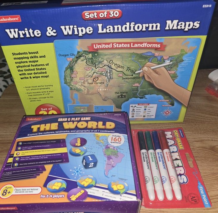 Lakeshore Learning Map Skills LOT: U.S. + World! Bonus: Dry Erase Markers!!