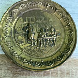 12” Vintage Brass Wall Decor Plate Bar Scene