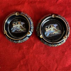 Set of 2 4.5 Inch 24k Black & Gold Handmade In Greece Greek Ashtrays Imported From Greece