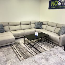 Light Gray Genuine Leather Sectional With Chaise - Dual Power Recliner - 🔥🔥🥳🔥