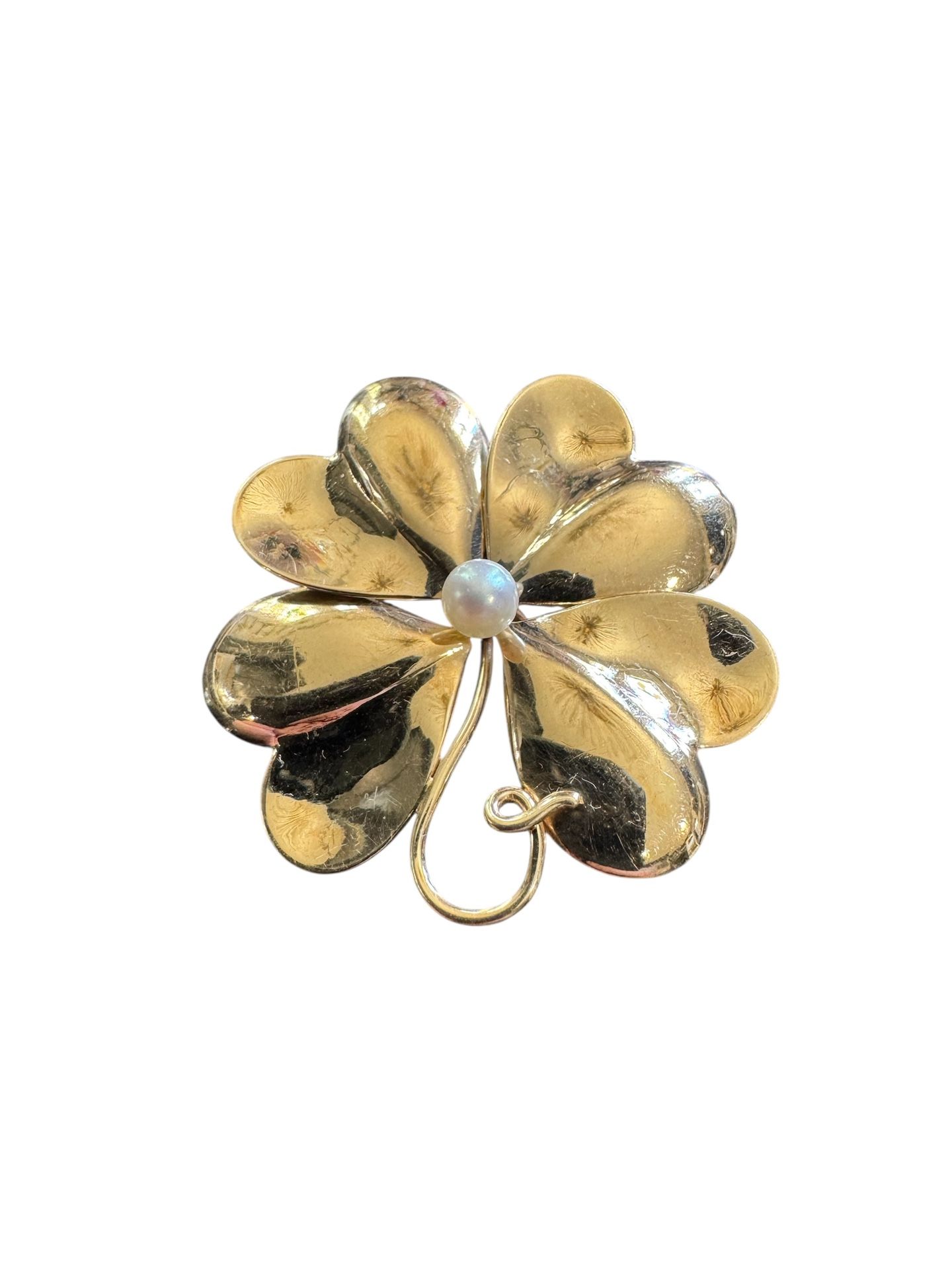 14k Gold Vintage Pearl Shamrock Brooch