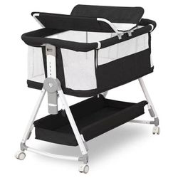 Baby Bassinet, 4 in 1 Bassinet with Diaper Changer, Bassinet Bedside Sleeper with Mattress, Bedside Bassinet with Wheels, Adjustable Bassinet for Newb