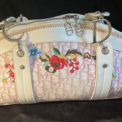 Pink Bowler Bag With Embroidered Flowers White Straps