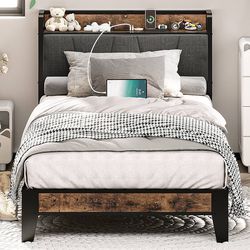 Twin Bed Frame, Storage Headboard with Charging Station, Solid and Stable, Noise Free, No Box Spring Needed, Easy Assembly