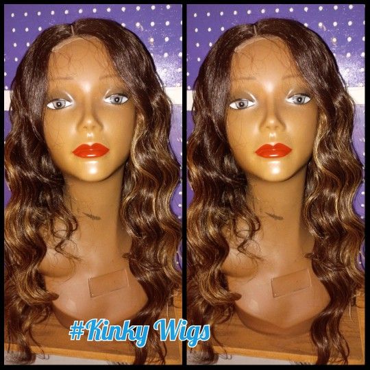 20" Balayage Honey Blonde Brown Body Wave 2x6 Lace Human Blend Hair Wig