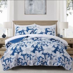 Bonlino Quilt King Size Bedding Set - Rustic Floral Quilt Lightweight Reversible Dyed Oversized