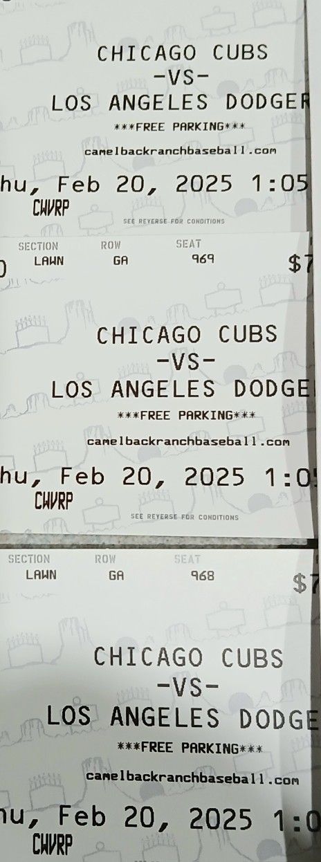 Dodgers Vs CUBS THURSDAY feb 20TH - 1:00 Pm LAWN  Tixs
