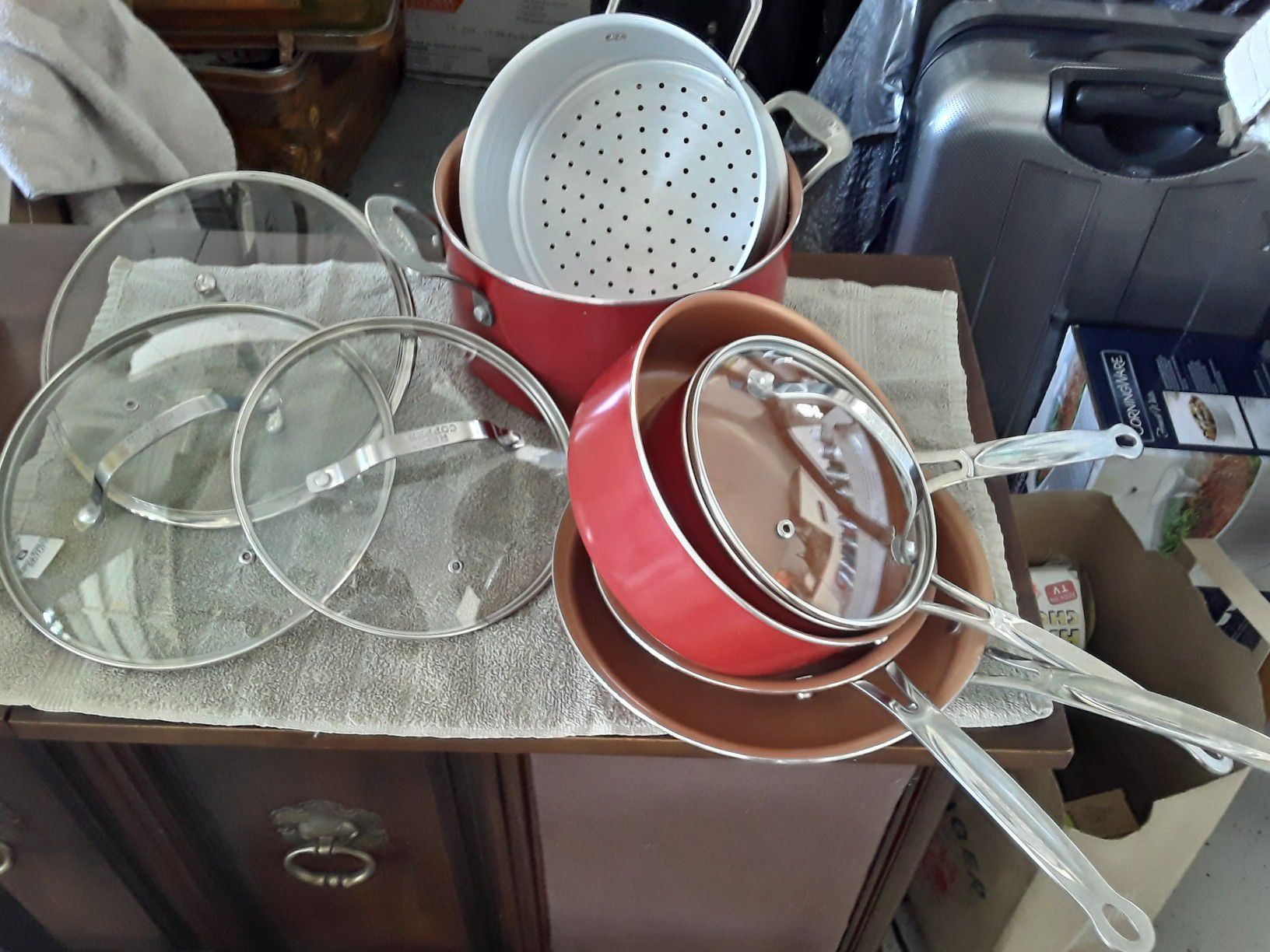 10pc pot and pan red copper set