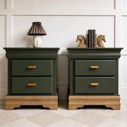 Two-Tone Nightstands Set – Deep Green + Wood Base | Matching Dresser Available
