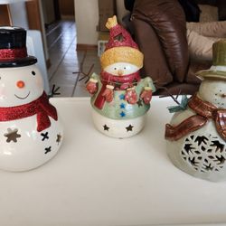 GENTLY USED  3 - CERAMIC SNOWMAN CANDLE HOLDERS   EXCELLENT CONDITION 