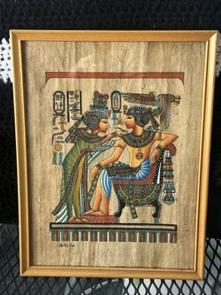 Framed Handpainted Papyrus Painting Depicting Tutankhamun & his Wife Ankhesenamun with Signature 