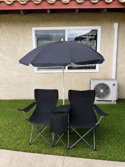 Portable Folding Picnic Double Chair W/Umbrella Table Cooler Beach Camping Black