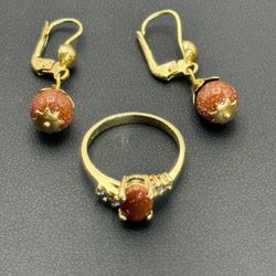 14k yellow gold Venturina stone Ball Leverback earrings and diamond ring sz 6.5 Set