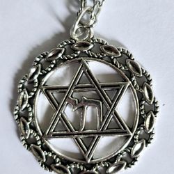 STAINLESS STEEL SILVER  STAR OF DAVID CHAI LONG LIFE PENDANT 21" NECKLACE