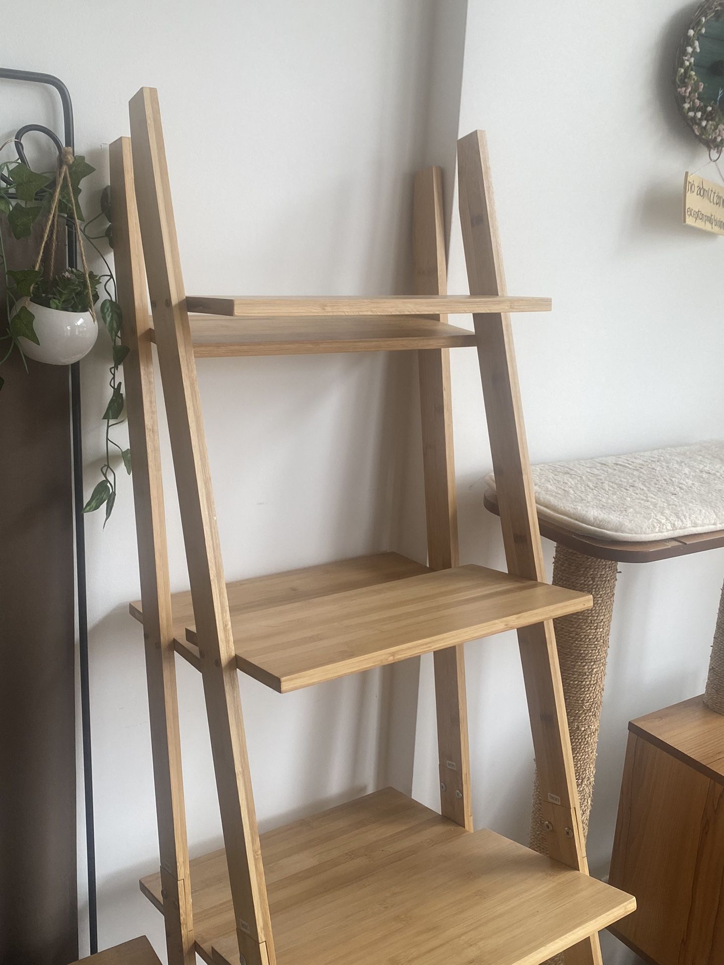 Two Wall Leaning Ladder Bamboo Bookshelves