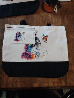 2pc matching Canvas tote bag set Colorful Cat and butterfly